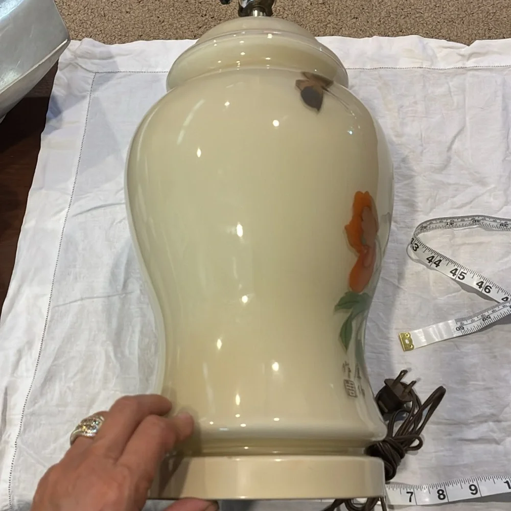 Porcelain & glass Iris and Butterfly Hand Painted Signed Asian Lamp Circa 1980s
